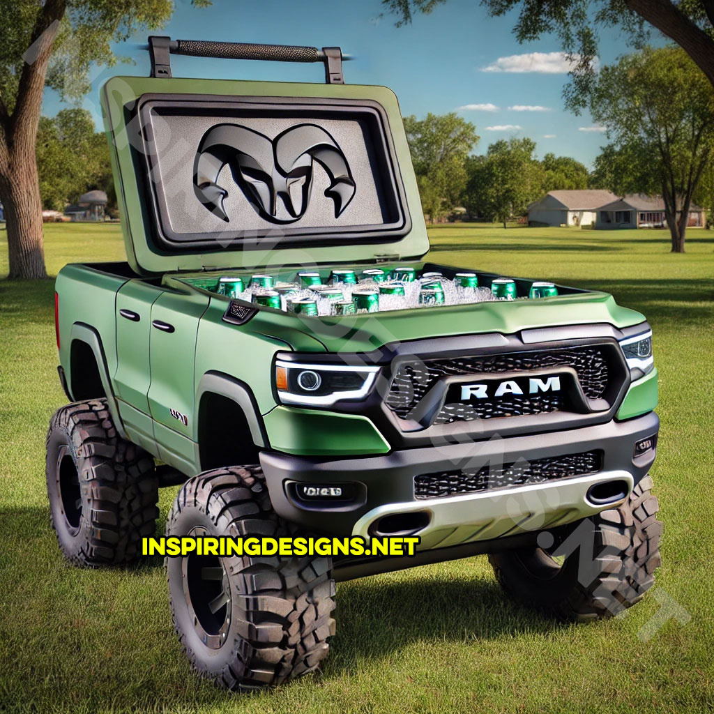 pickup truck shaped cooler in green color inspired from a Dodge Ram