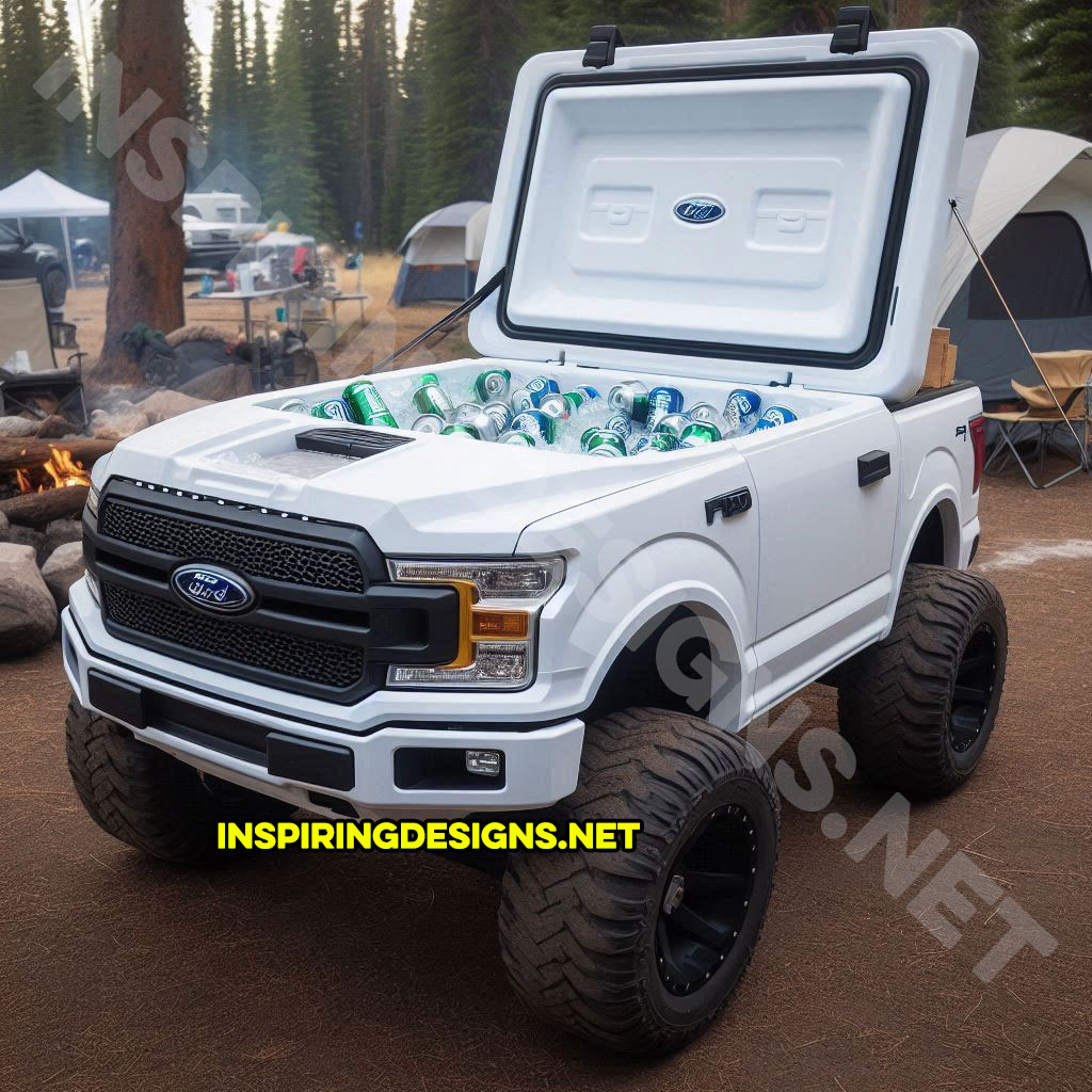 pickup truck shaped cooler in white color inspired from a Ford F-150