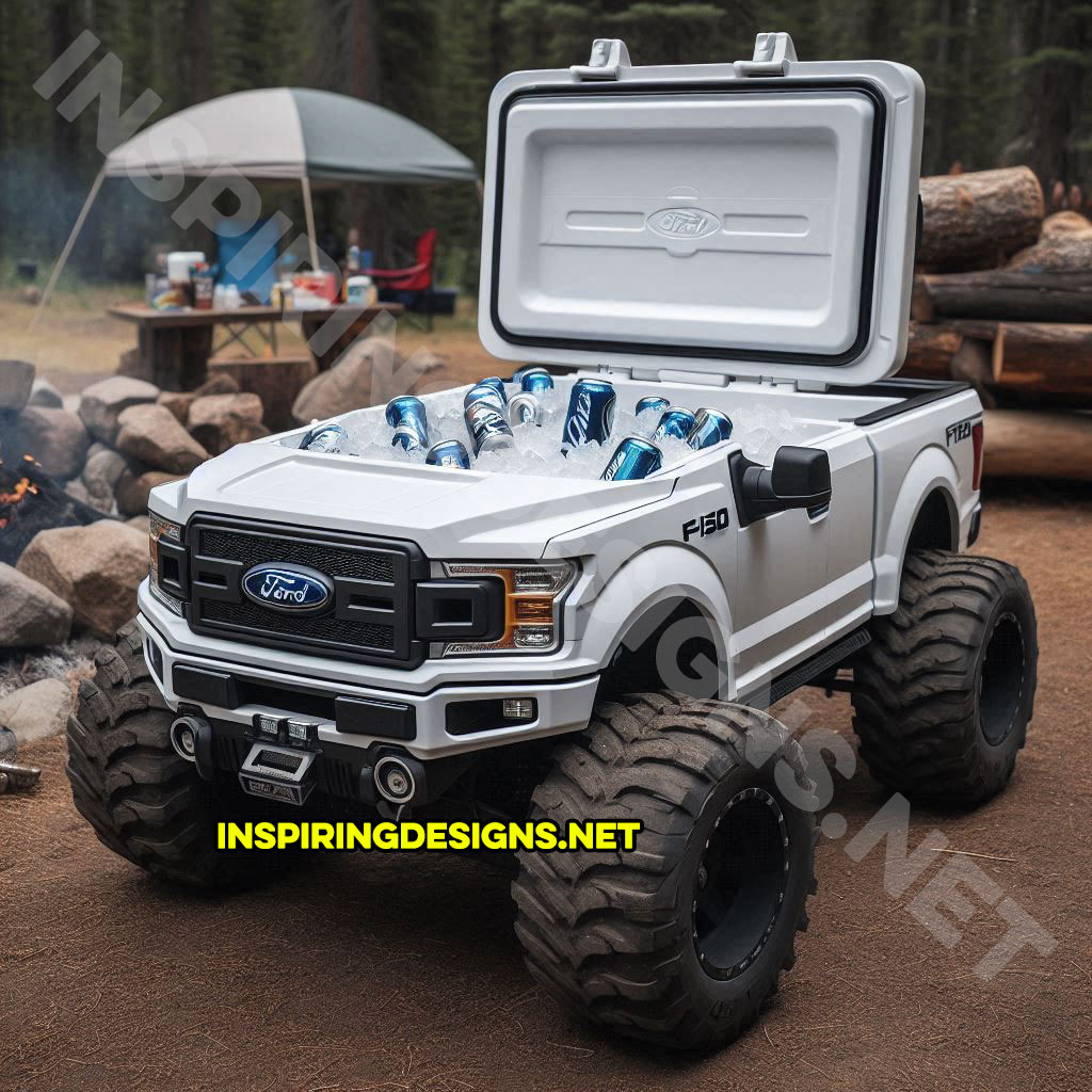 pickup truck shaped cooler in white color inspired from a Ford F-150