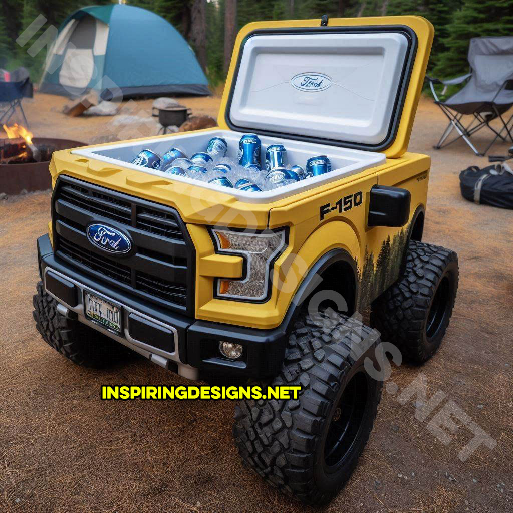 pickup truck shaped cooler in yellow color inspired from a Ford F-150