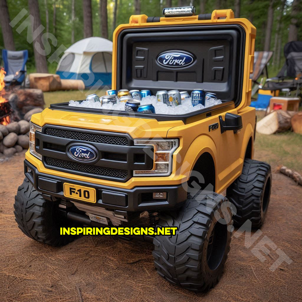 pickup truck shaped cooler in yellow color inspired from a Ford F-150