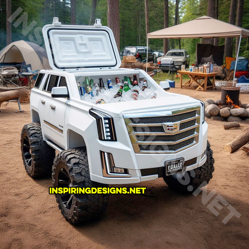 pickup truck shaped cooler in white color inspired from a Cadillac Escalade