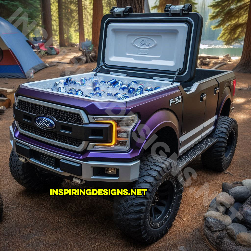 pickup truck shaped cooler in purple color inspired from a Ford F-150