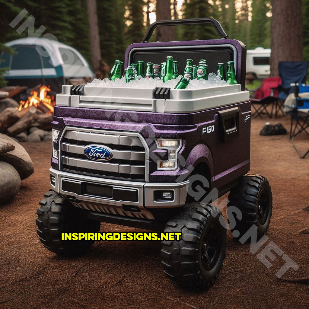 pickup truck shaped cooler in purple color inspired from a Ford F-150