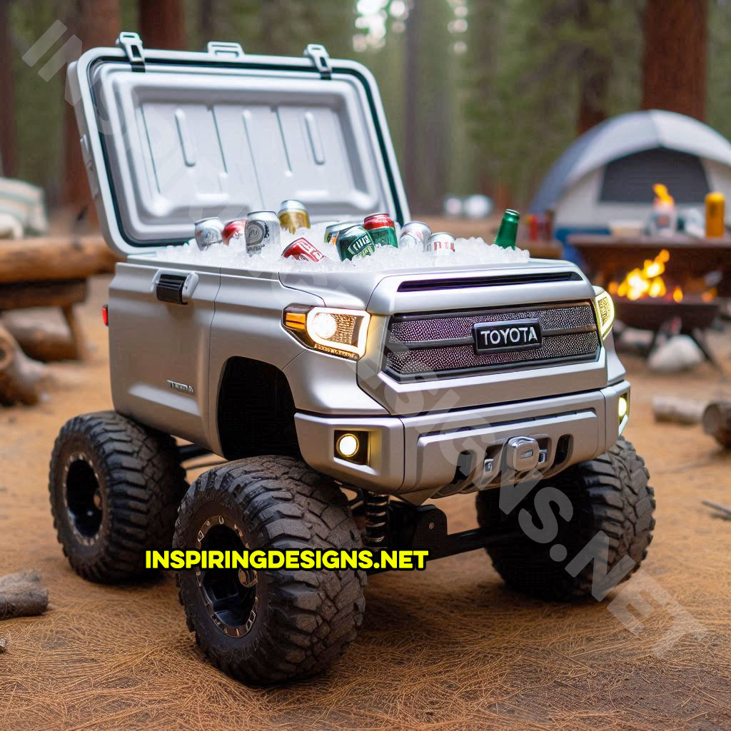 pickup truck shaped cooler in silver color inspired from a Toyota Tacoma