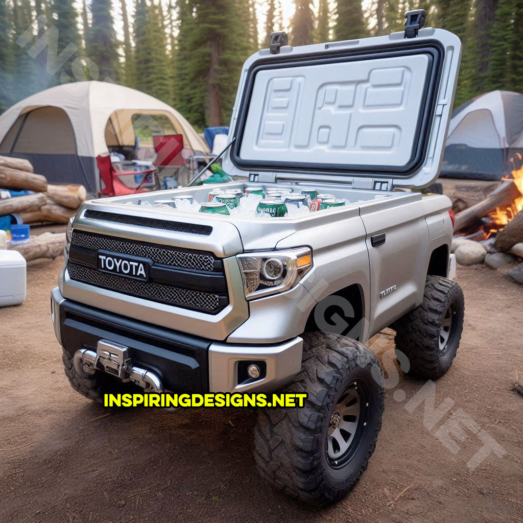 pickup truck shaped cooler in silver color inspired from a Toyota Tacoma