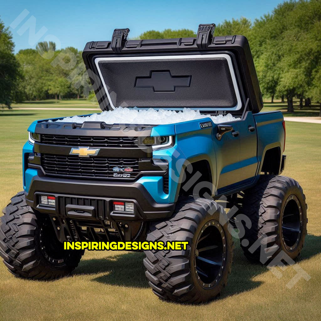 pickup truck shaped cooler in blue color inspired from a Chevrolet Silverado