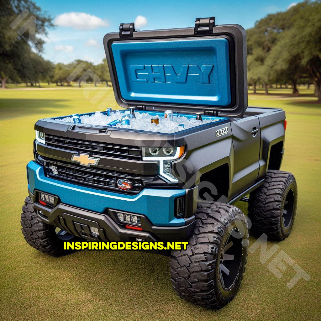 pickup truck shaped cooler in blue color inspired from a Chevy Silverado