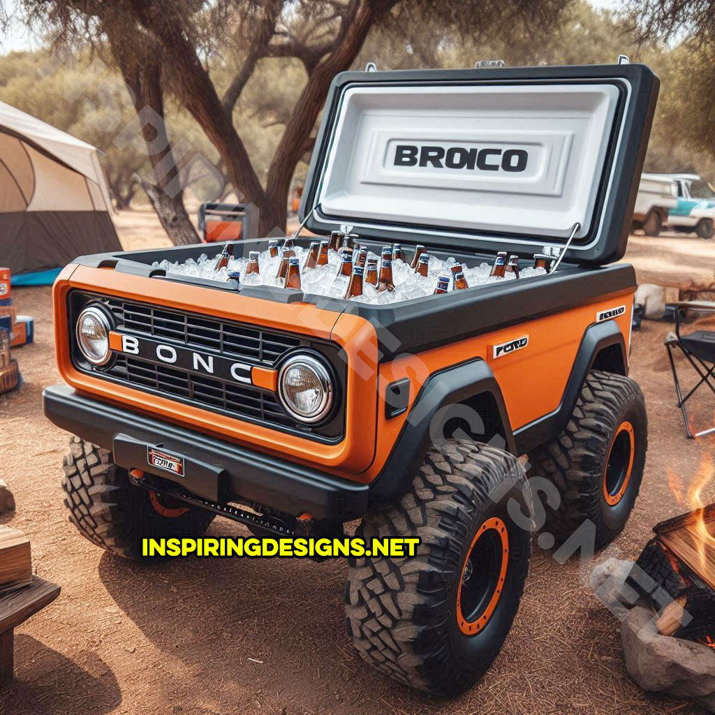 pickup truck shaped cooler in orange and black color inspired from a Ford Bronco