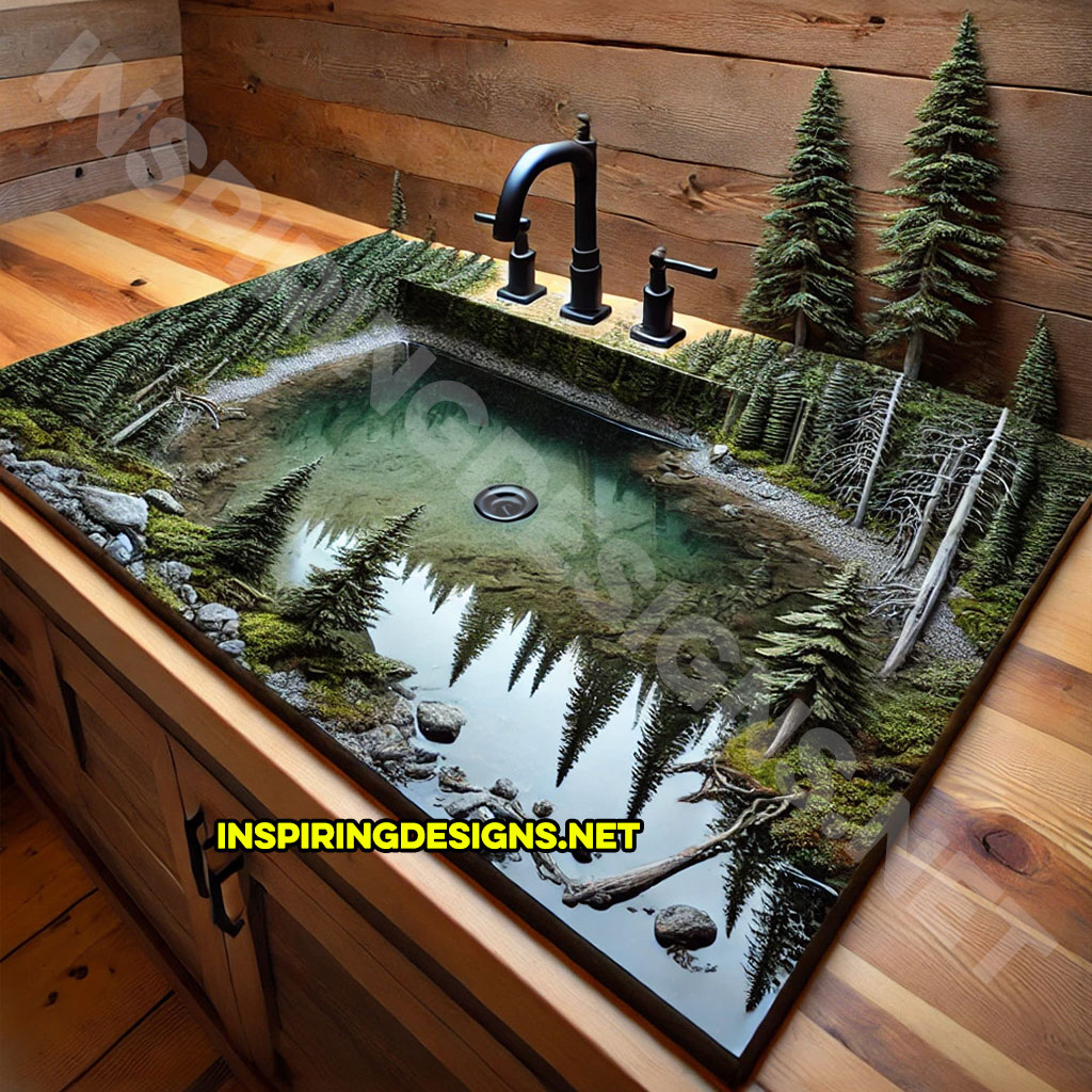 Epoxy Nature Sinks with a forest and lake scene