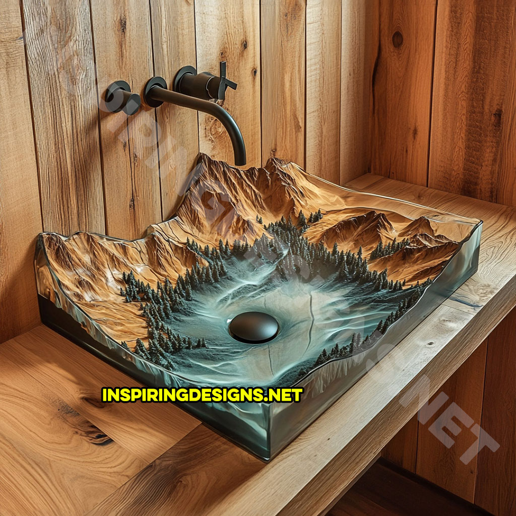 Epoxy Nature Sinks with a mountain and forest scene