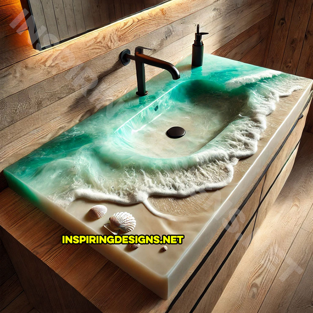 Epoxy Nature Sinks with a sandy beach scene