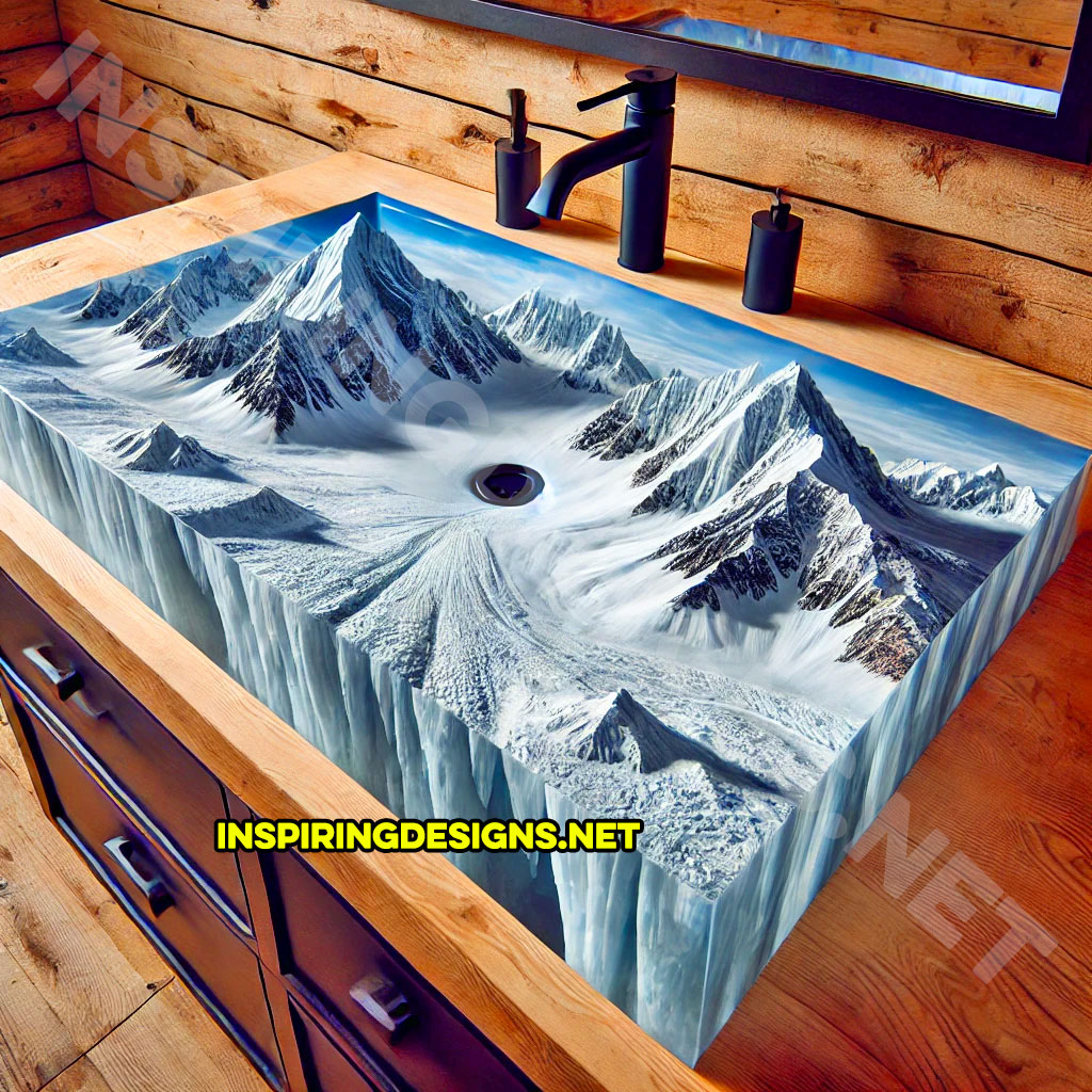 Epoxy Nature Sinks with a snowy mountain scene