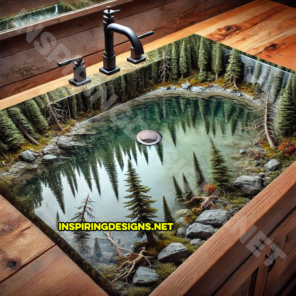 Epoxy Nature Sinks with a forest and lake scene