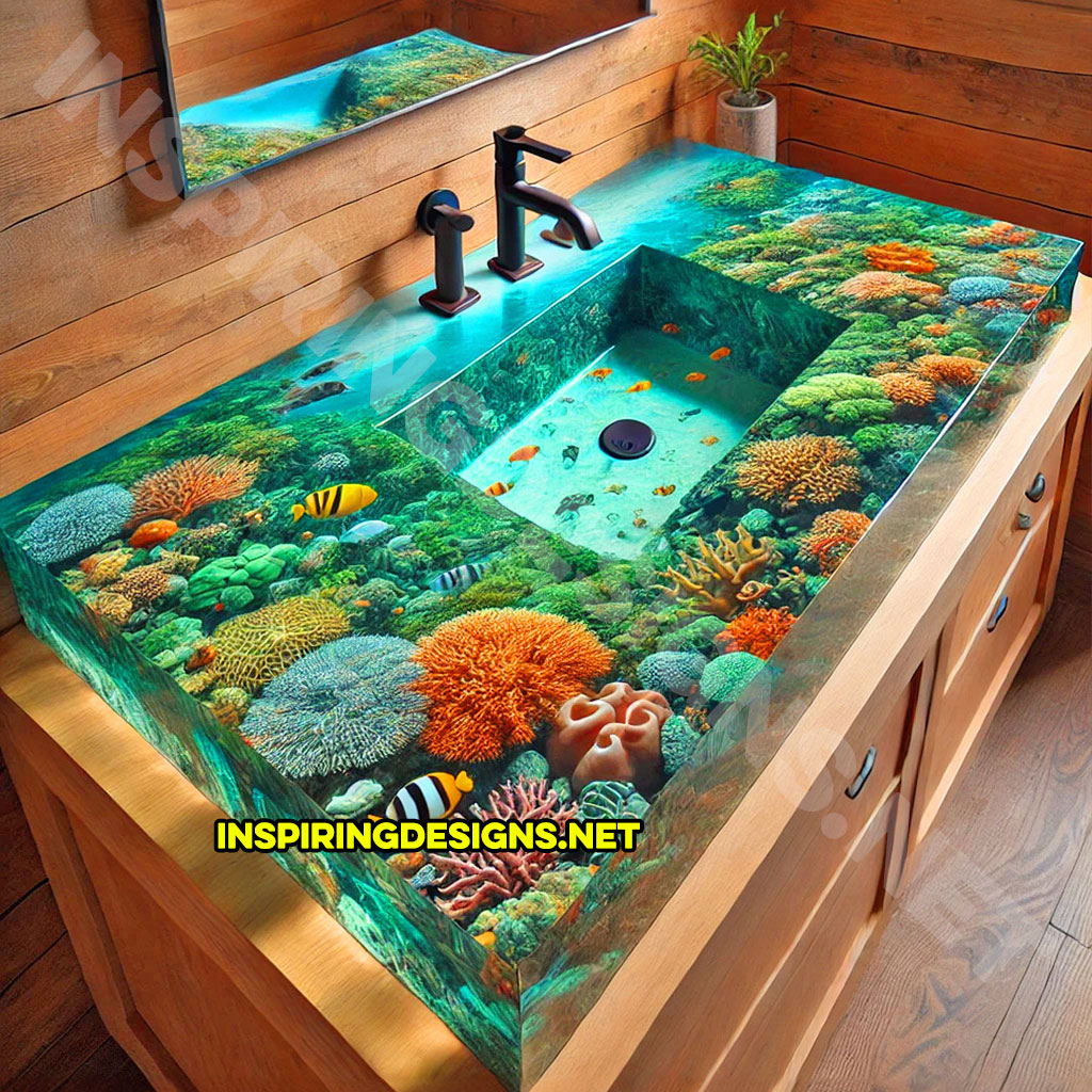 Epoxy Nature Sinks with an underwater life scene