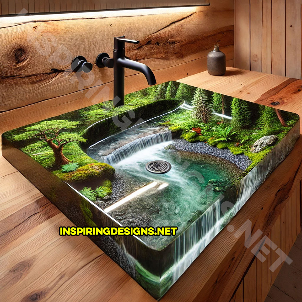 Epoxy Nature Sinks with a forest and river scene