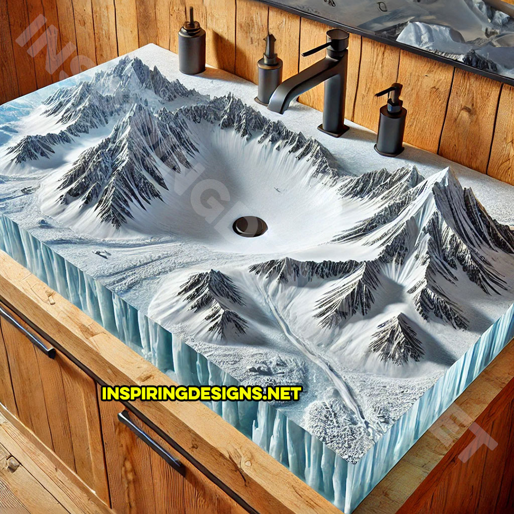 Epoxy Nature Sinks with a snowy mountain scene