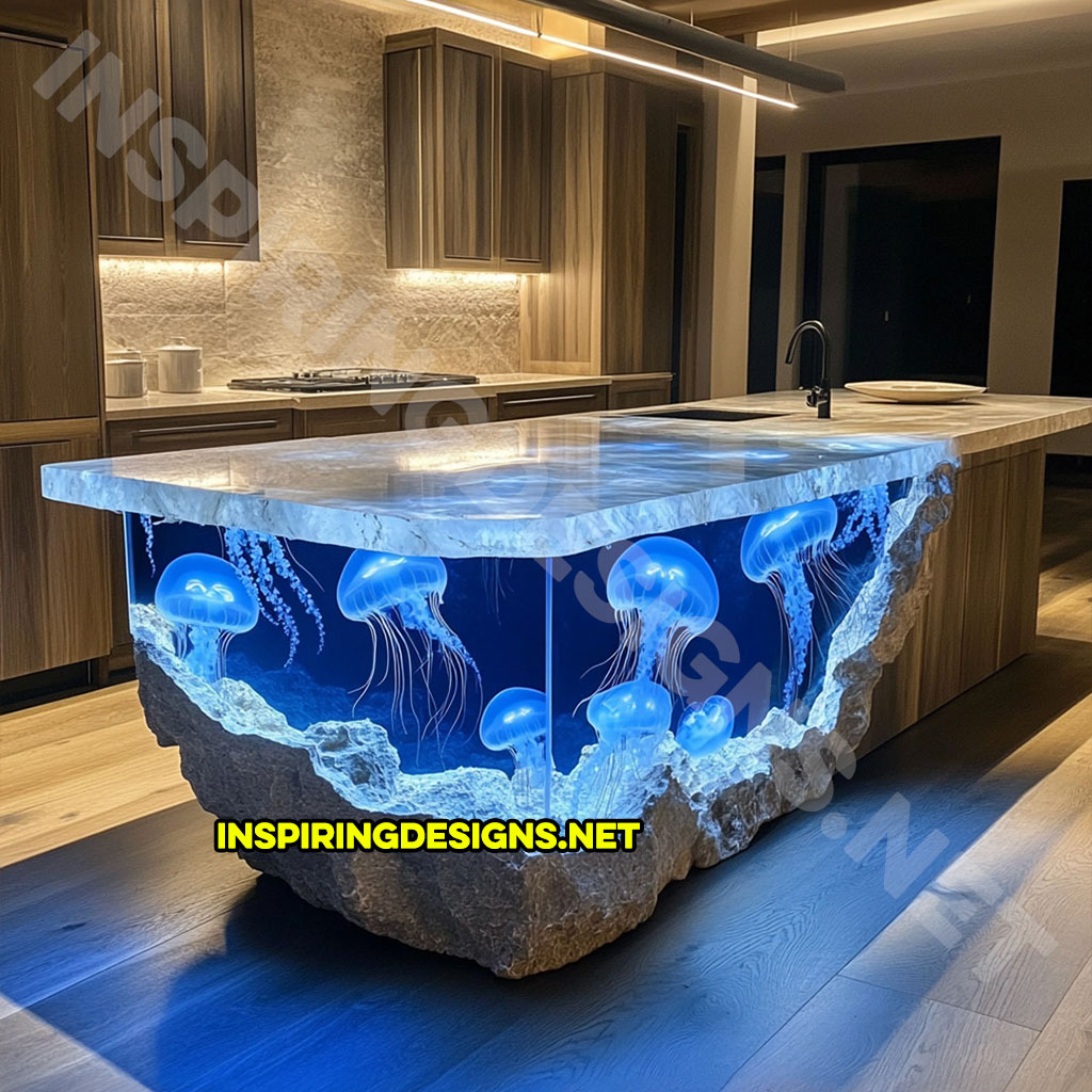 Jellyfish Kitchen Island made from epoxy and stone with a granite countertop