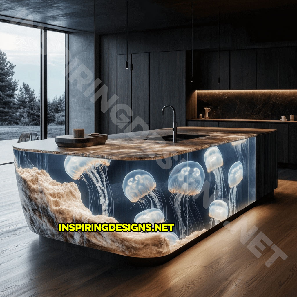 Jellyfish Kitchen Island made from epoxy and stone with a granite countertop