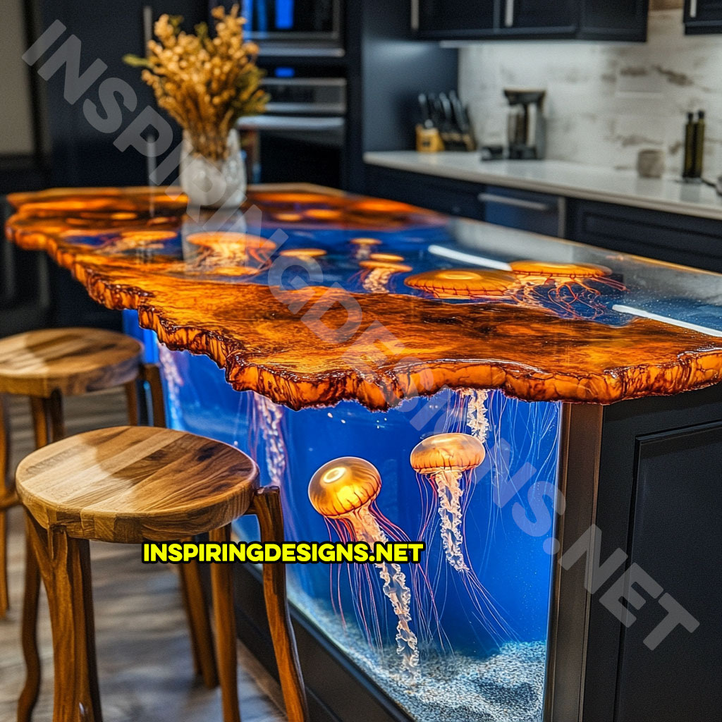 Jellyfish Kitchen Island made from epoxy, wood, and glass