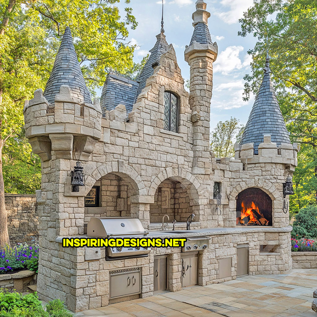 Outdoor castle kitchen in grey and blue stone design