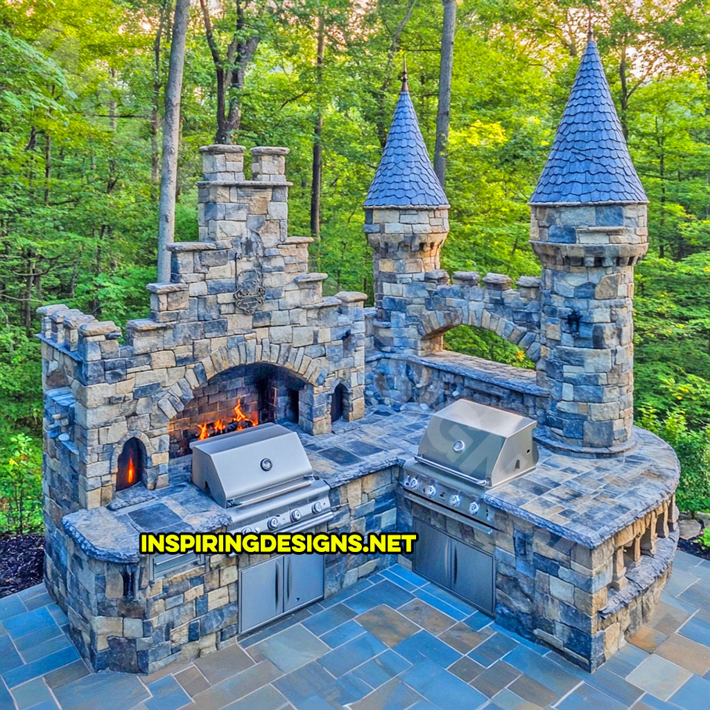 Outdoor castle kitchen in grey and blue stone design