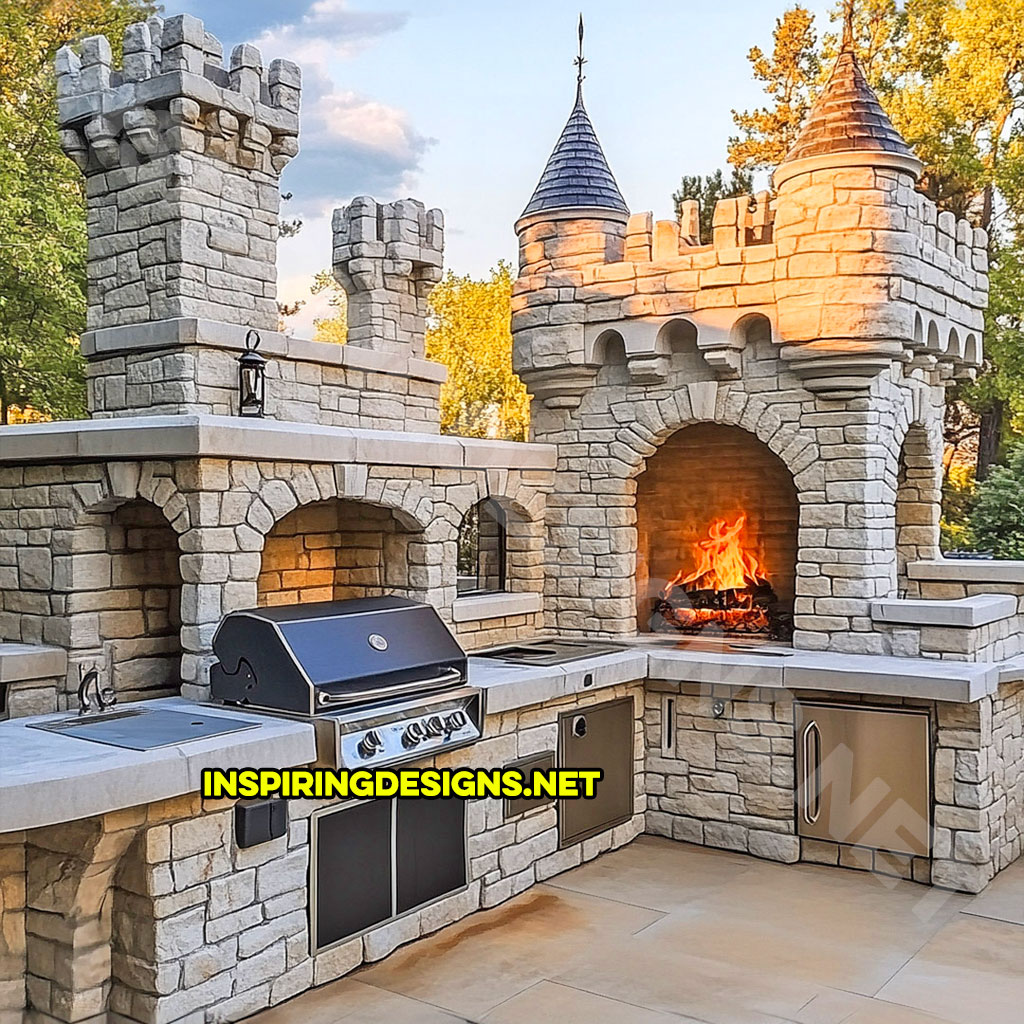 Outdoor castle kitchen in grey and blue stone design