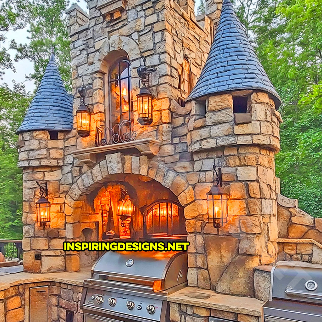 Outdoor castle kitchen in grey and blue stone design