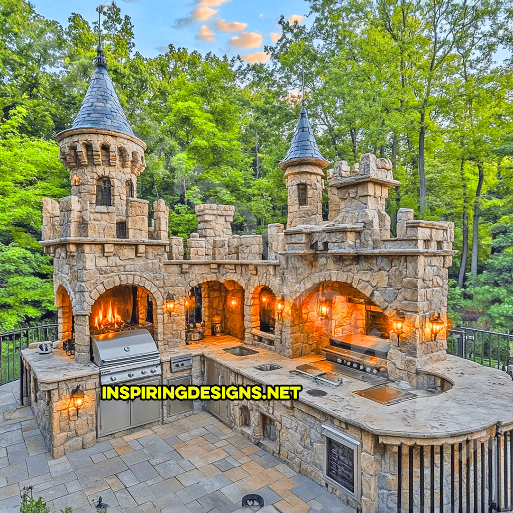 Outdoor castle kitchen in grey and blue stone design