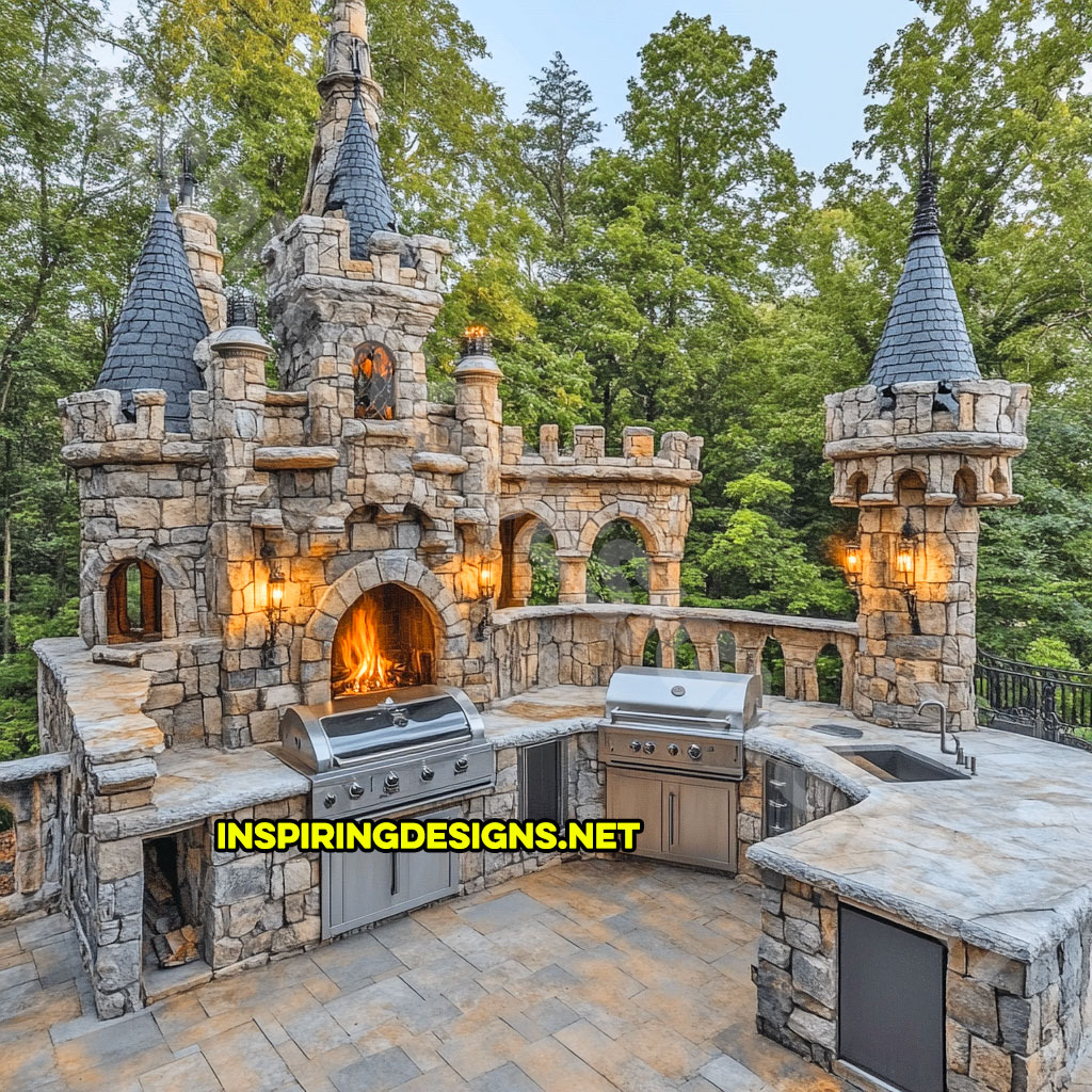 Outdoor castle kitchen in grey and blue stone design