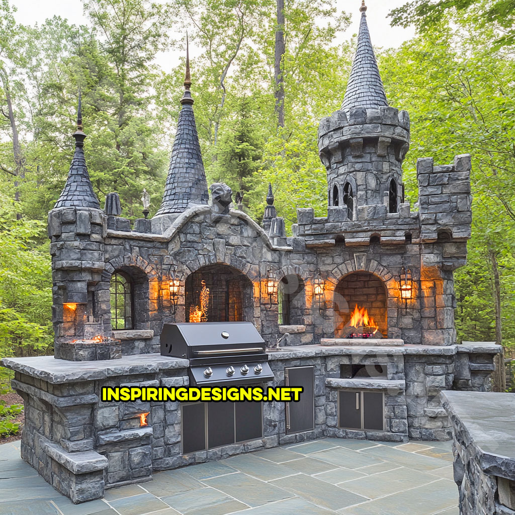 Outdoor castle kitchen in dark grey stone design