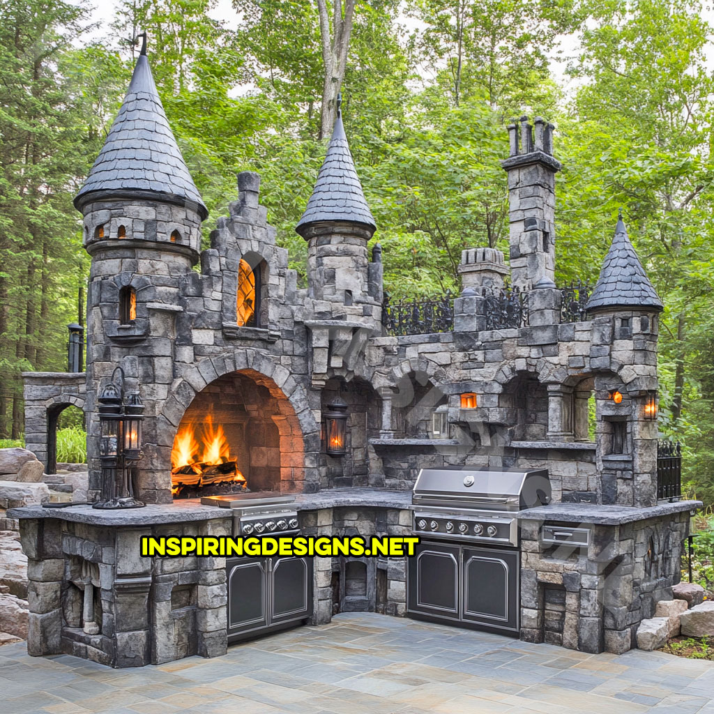 Outdoor castle kitchen in dark grey stone design