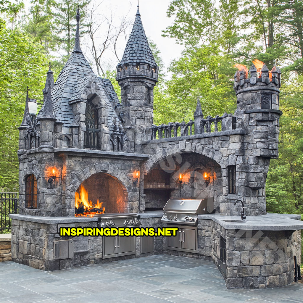 Outdoor castle kitchen in dark grey stone design