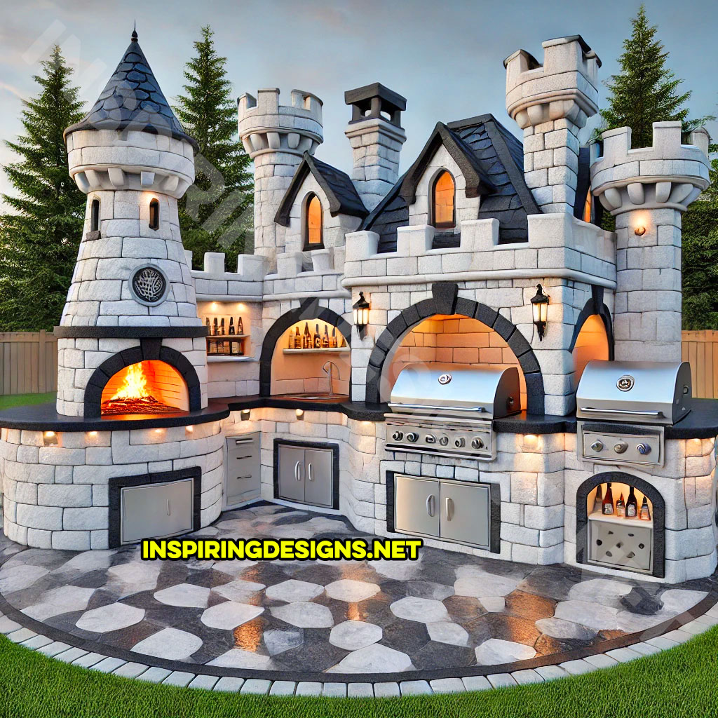 Outdoor castle kitchen in white and black stone design