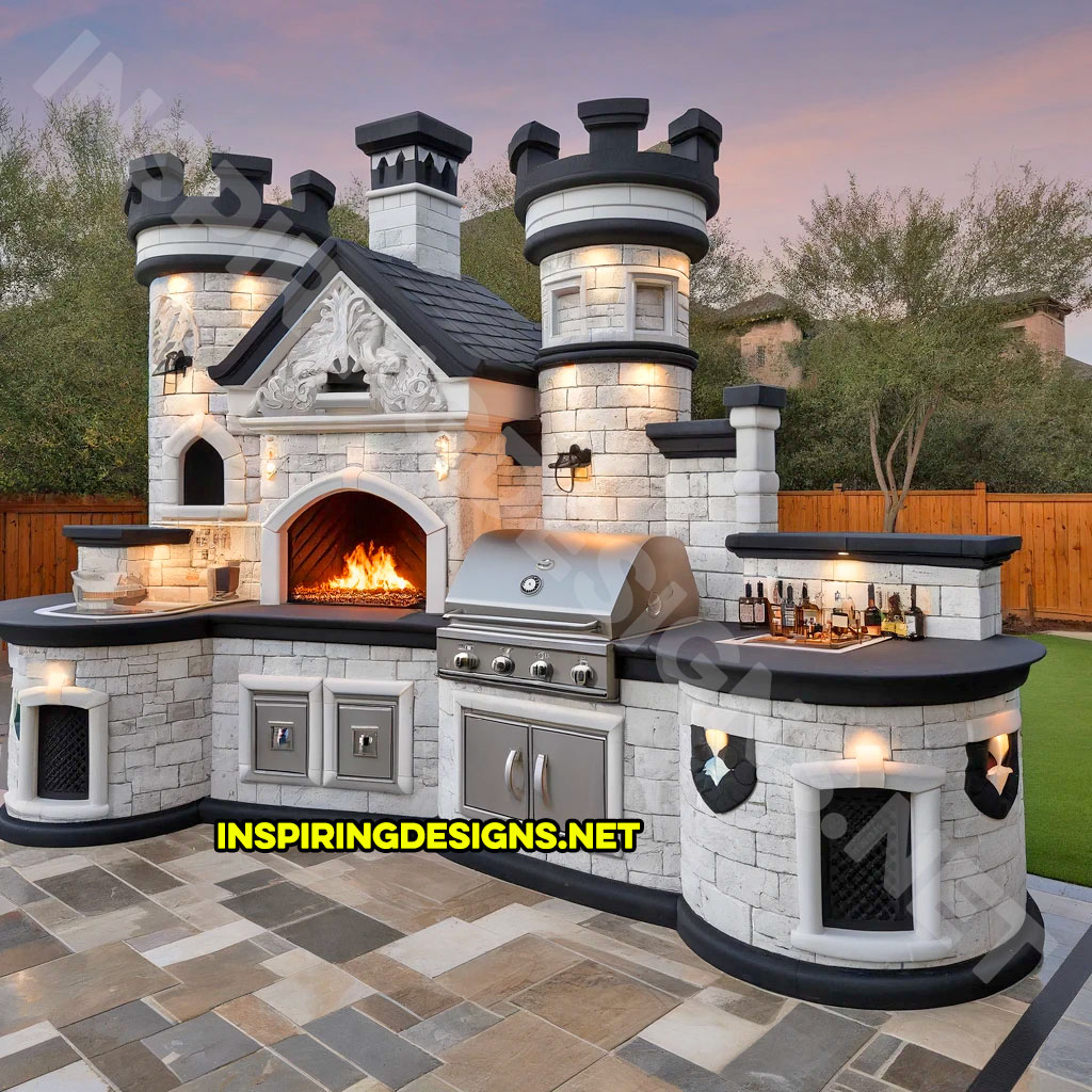 Outdoor castle kitchen in white and black stone design