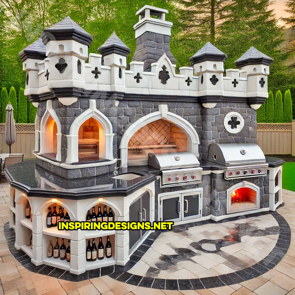 Outdoor castle kitchen in white and black stone design