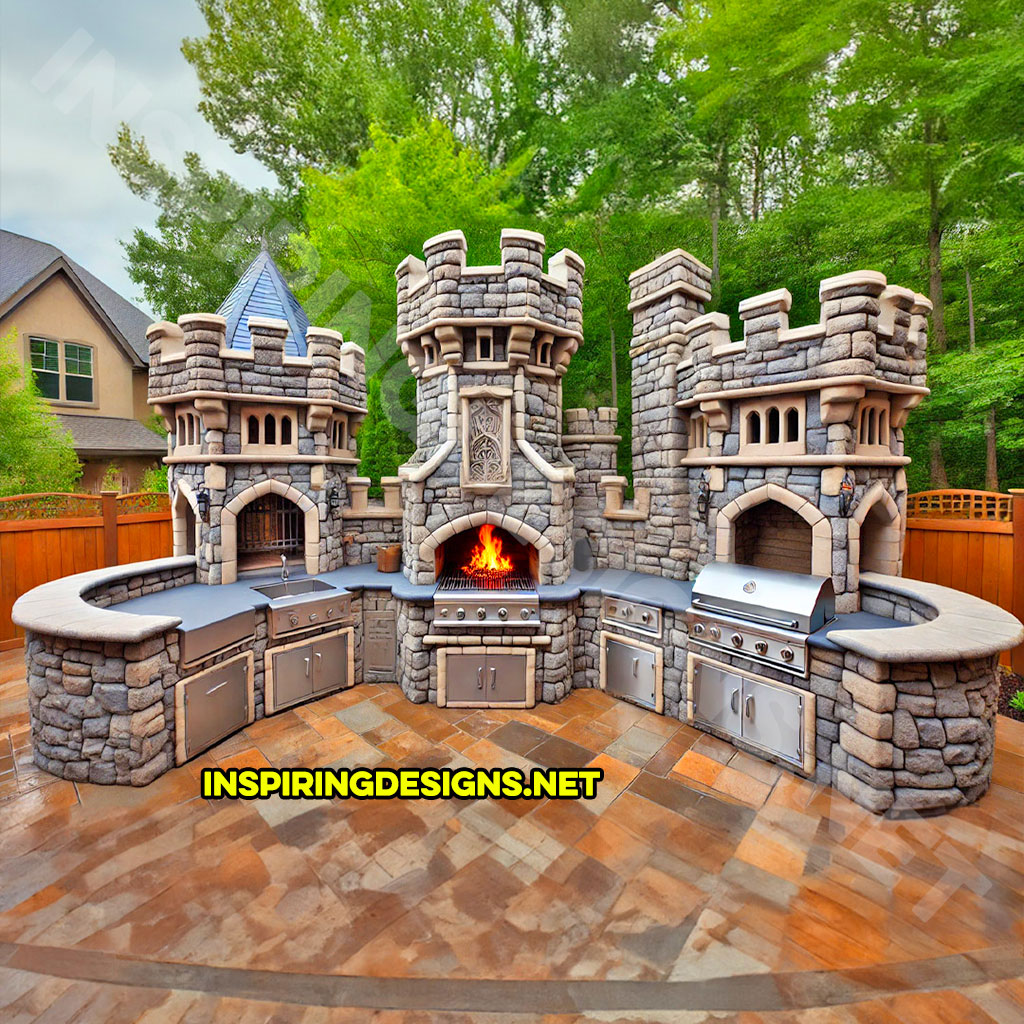 Outdoor castle kitchen in grey and blue stone design