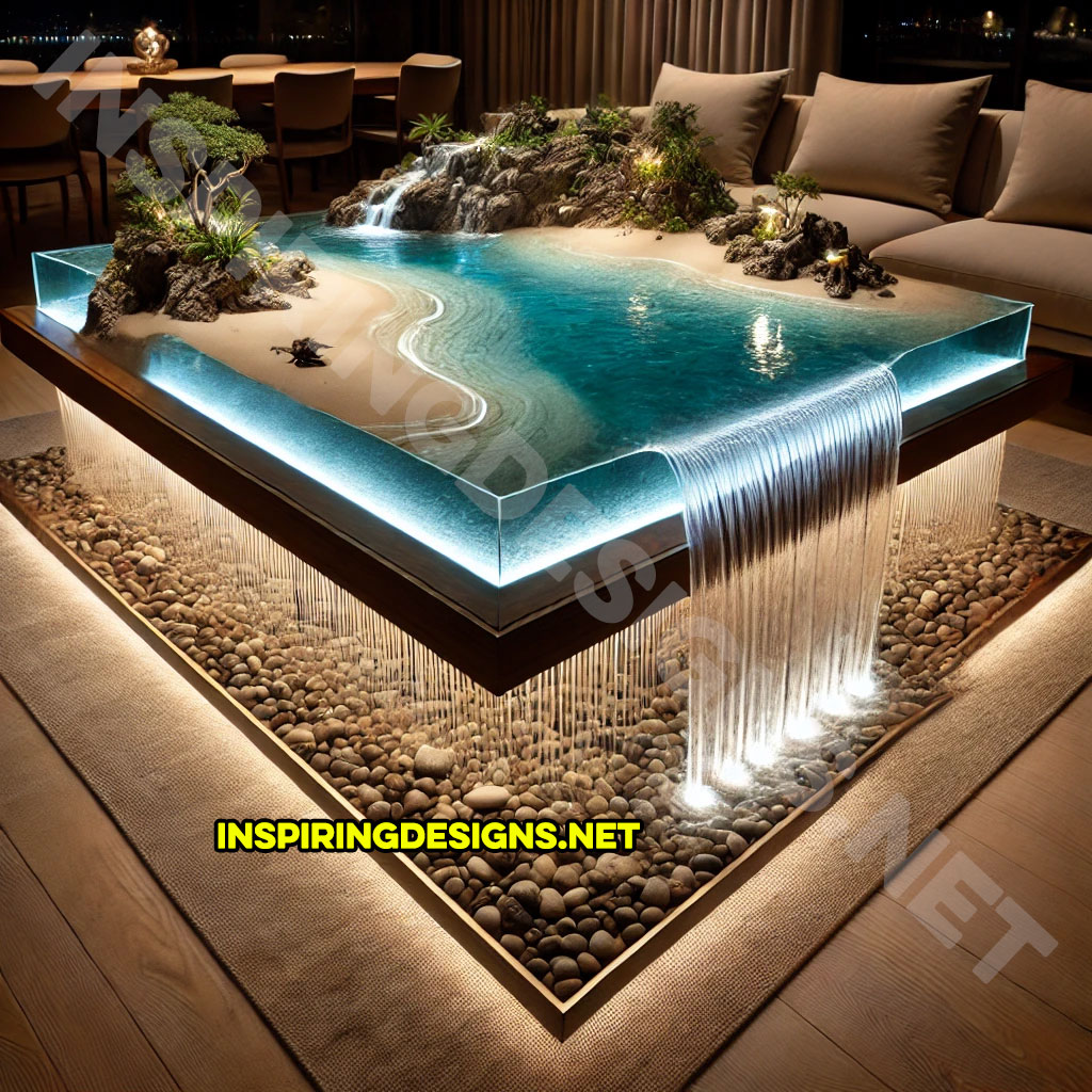 Tropical Island Waterfall Coffee Tables with led lighting