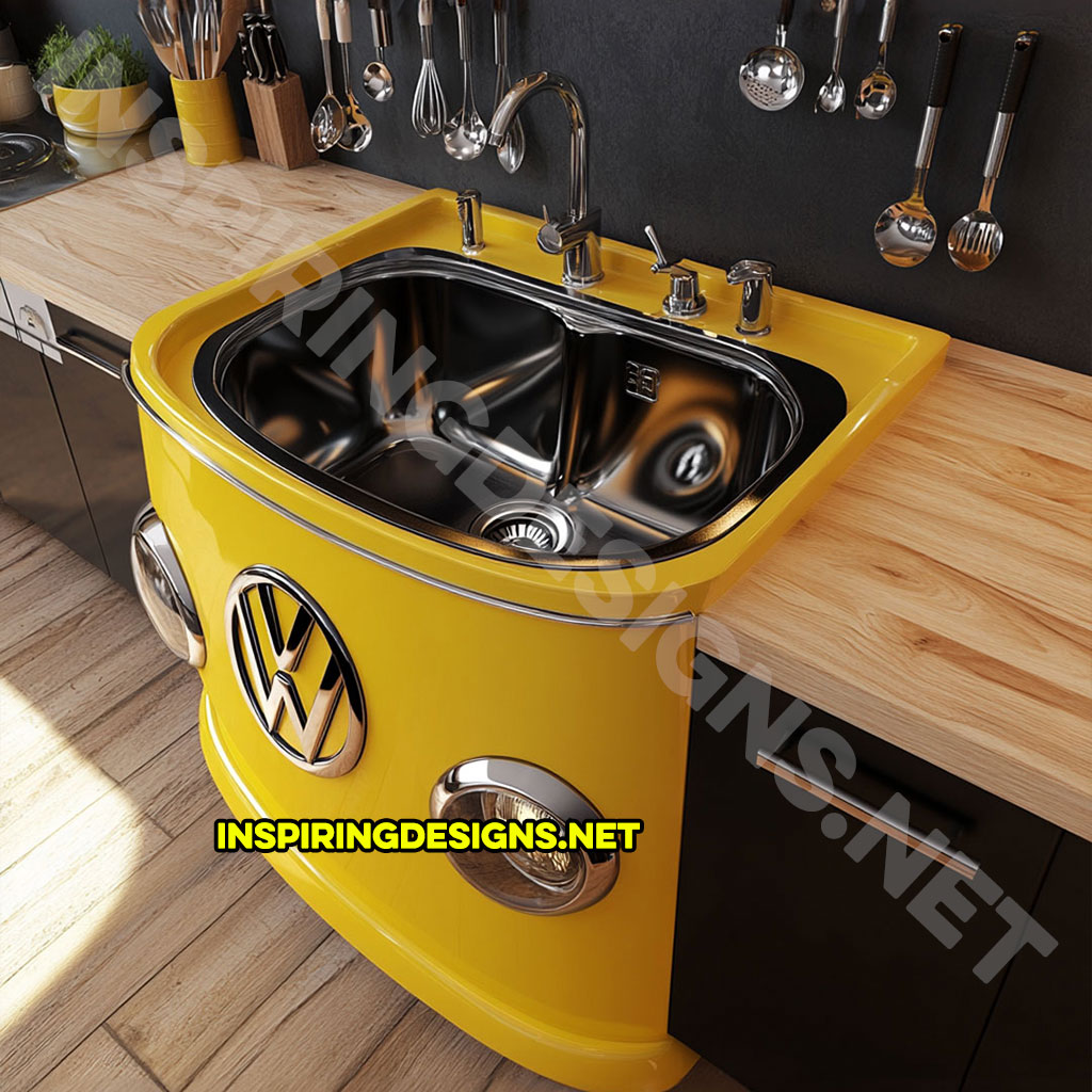 Volkswagen Bus Sink in yellow and stainless steel color palette