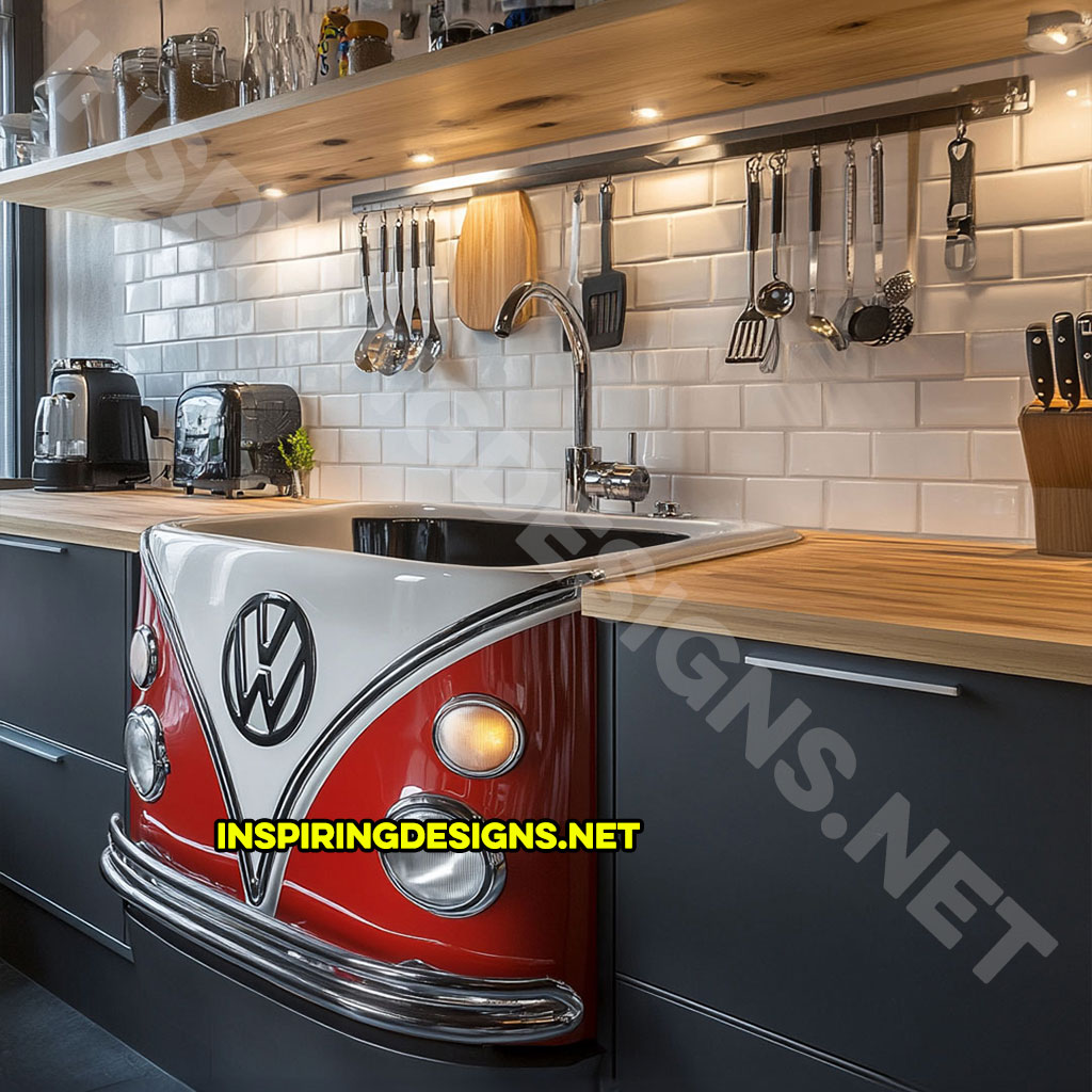 Volkswagen Bus Sink in red and white color palette