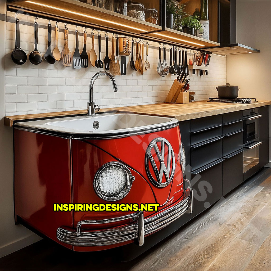 Volkswagen Bus Sink in red and white color palette