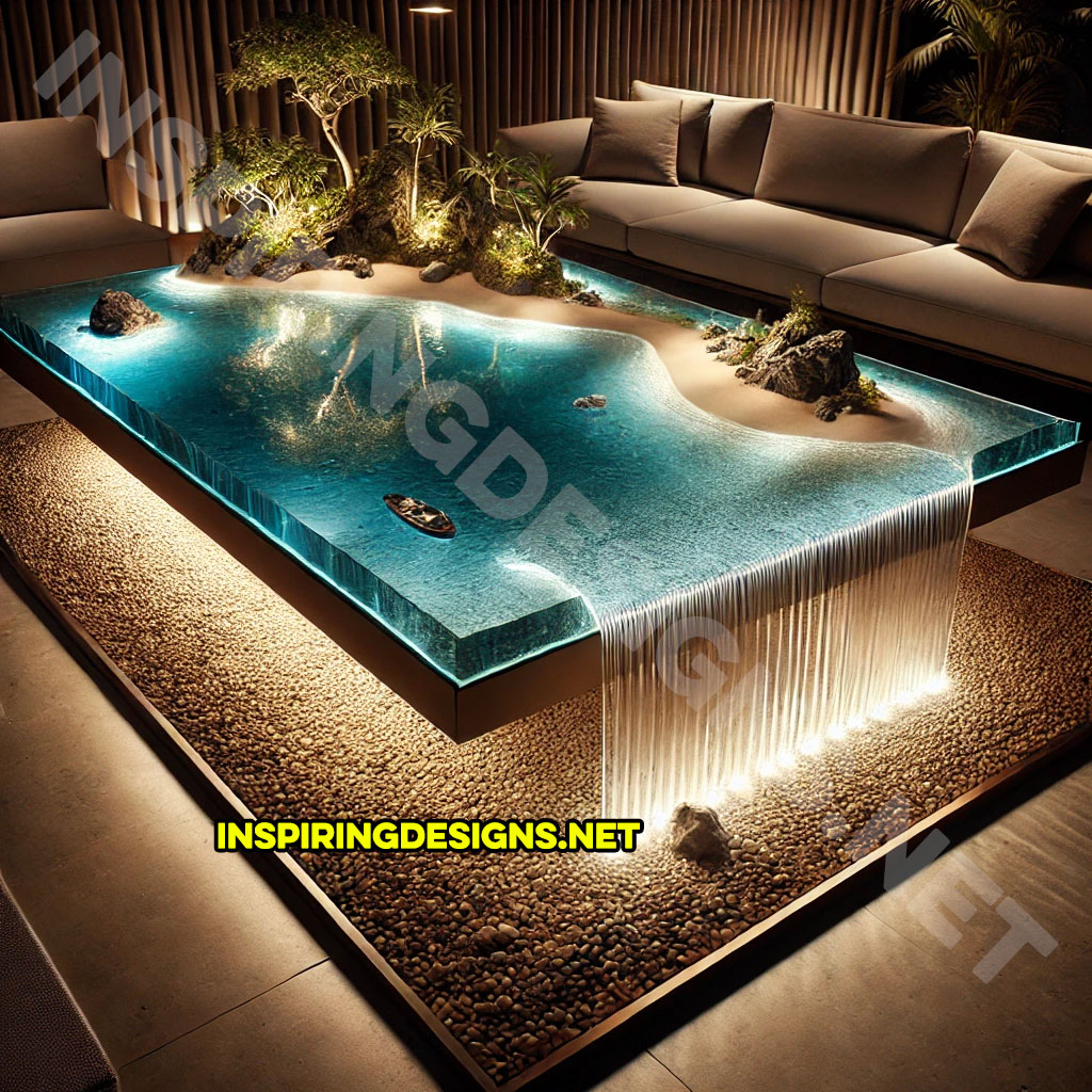 Tropical Island Waterfall Coffee Tables with led lighting