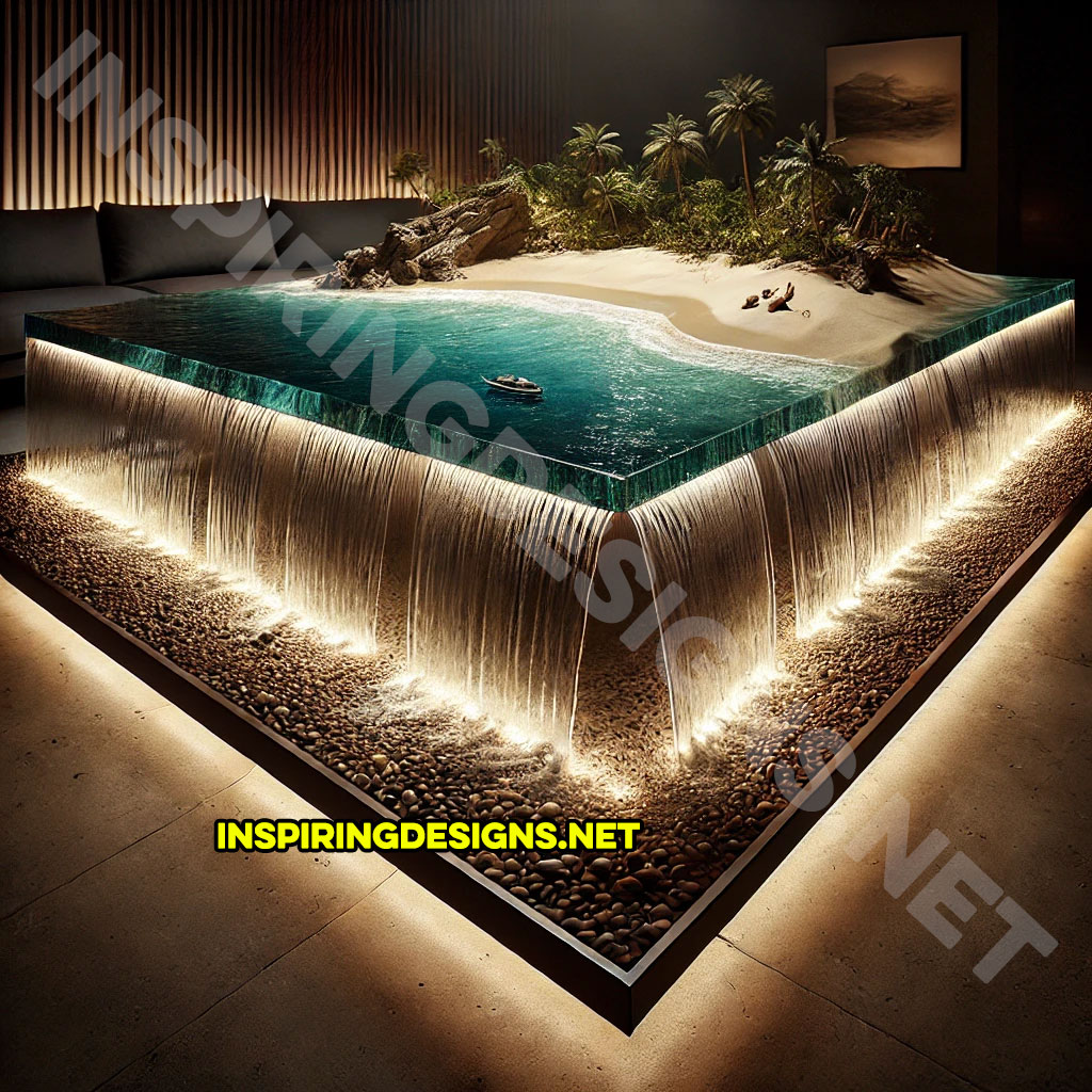 Tropical Island Waterfall Coffee Tables with led lighting