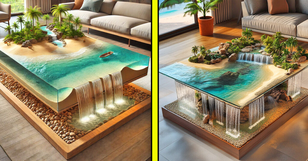 tropical island waterfall coffee tables