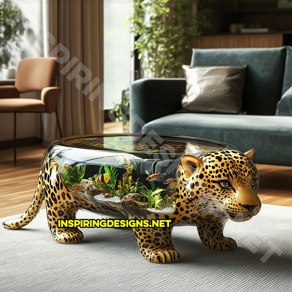 animal shaped aquarium coffee table in a leopard design