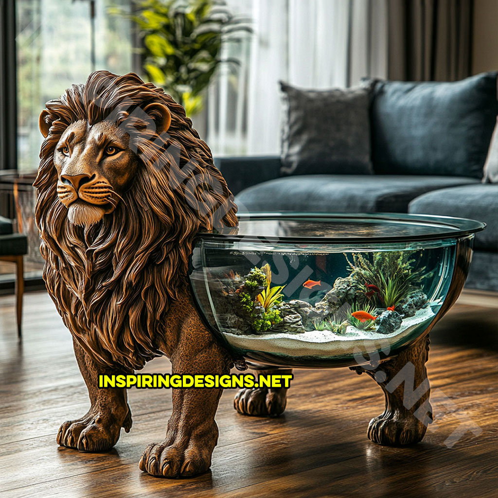 animal shaped aquarium coffee table in a lion design