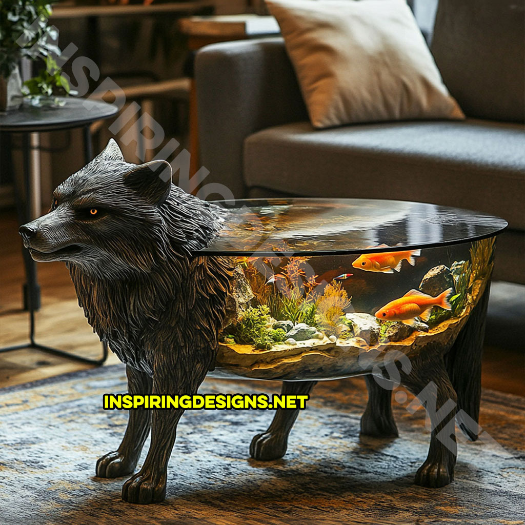 animal shaped aquarium coffee table in a wolf design