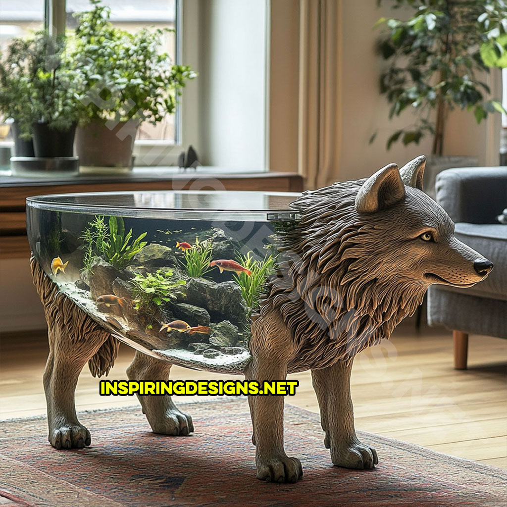 animal shaped aquarium coffee table in a wolf design