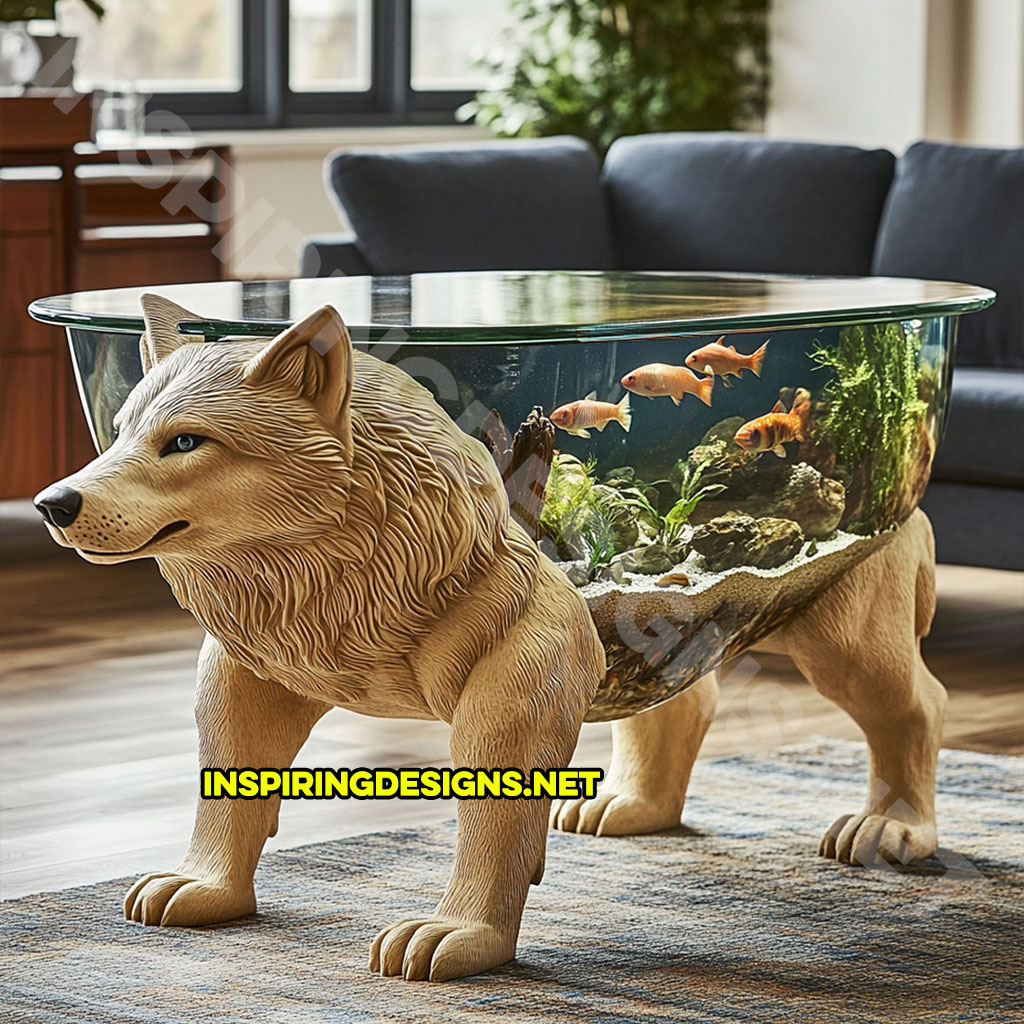 animal shaped aquarium coffee table in a wolf design