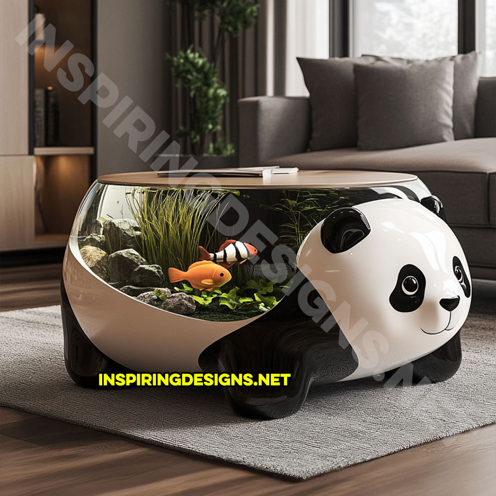 animal shaped aquarium coffee table in a panda design